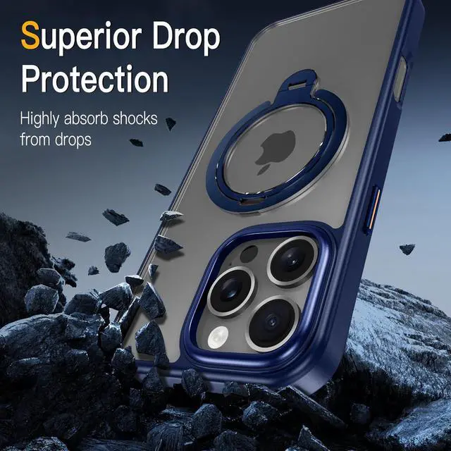 Alt view image 3 of 7 - BONAEVER for iPhone 16 Pro Case, Dual 360° Spin Magnetic Stand& Magnetic Ring, Compatible with Magsafe, Shockproof Translucent Matte Hard Back Cover for iPhone 16 Pro 6.3" Blue