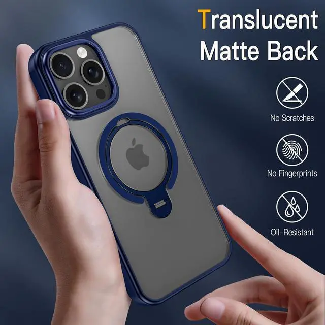 Alt view image 7 of 7 - BONAEVER for iPhone 16 Pro Case, Dual 360° Spin Magnetic Stand& Magnetic Ring, Compatible with Magsafe, Shockproof Translucent Matte Hard Back Cover for iPhone 16 Pro 6.3" Blue