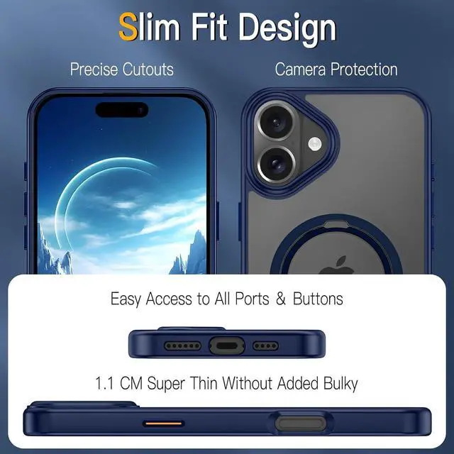 Alt view image 5 of 7 - BONAEVER for iPhone 16 Case, Dual 360° Spin Magnetic Stand& Magnetic Ring, Compatible with Magsafe, Shockproof Translucent Matte Hard Back Cover for iPhone 16 6.1" Blue