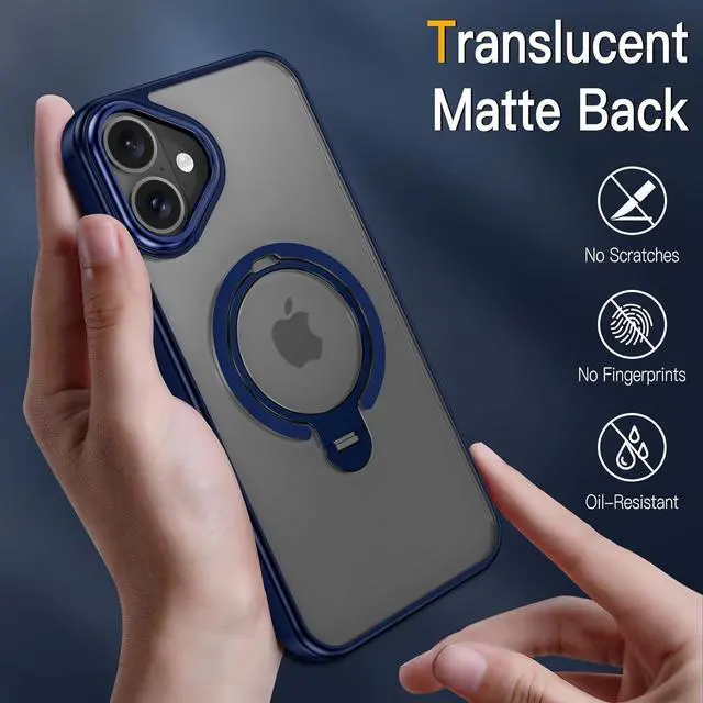Alt view image 7 of 7 - BONAEVER for iPhone 16 Case, Dual 360° Spin Magnetic Stand& Magnetic Ring, Compatible with Magsafe, Shockproof Translucent Matte Hard Back Cover for iPhone 16 6.1" Blue