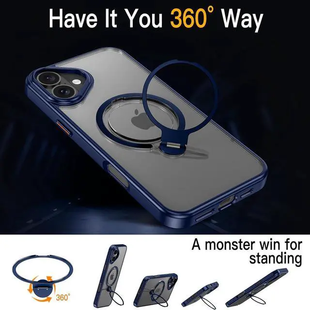 Alt view image 3 of 7 - BONAEVER for iPhone 16 Case, Dual 360° Spin Magnetic Stand& Magnetic Ring, Compatible with Magsafe, Shockproof Translucent Matte Hard Back Cover for iPhone 16 6.1" Blue