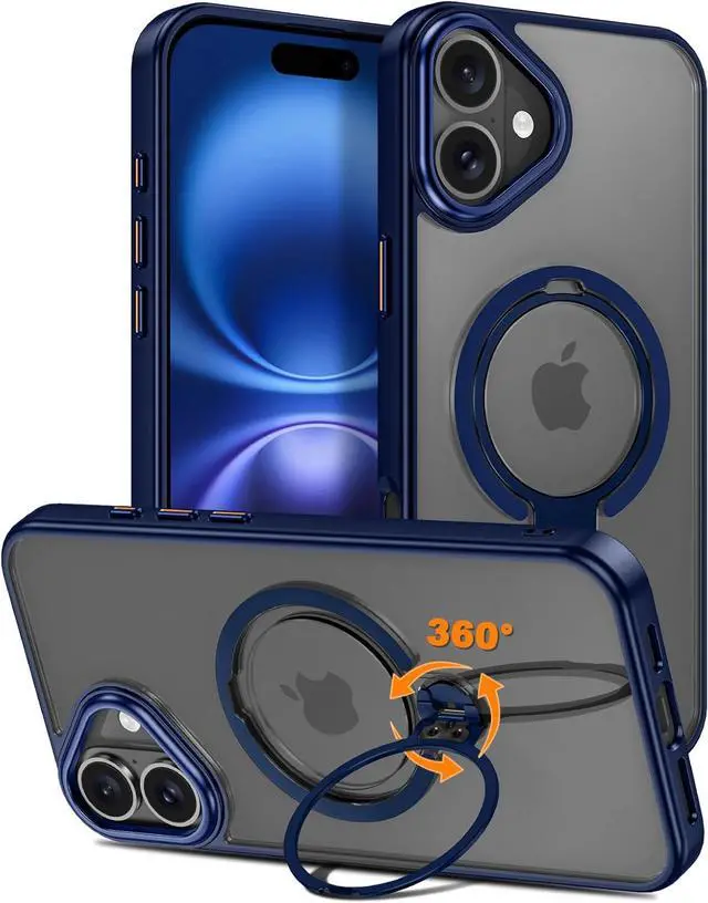Main image of BONAEVER for iPhone 16 Case, Dual 360° Spin Magnetic Stand& Magnetic Ring, Compatible with Magsafe, Shockproof Translucent Matte Hard Back Cover for iPhone 16 6.1" Blue
