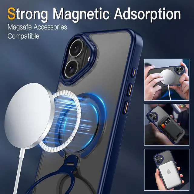 Alt view image 2 of 7 - BONAEVER for iPhone 16 Case, Dual 360° Spin Magnetic Stand& Magnetic Ring, Compatible with Magsafe, Shockproof Translucent Matte Hard Back Cover for iPhone 16 6.1" Blue