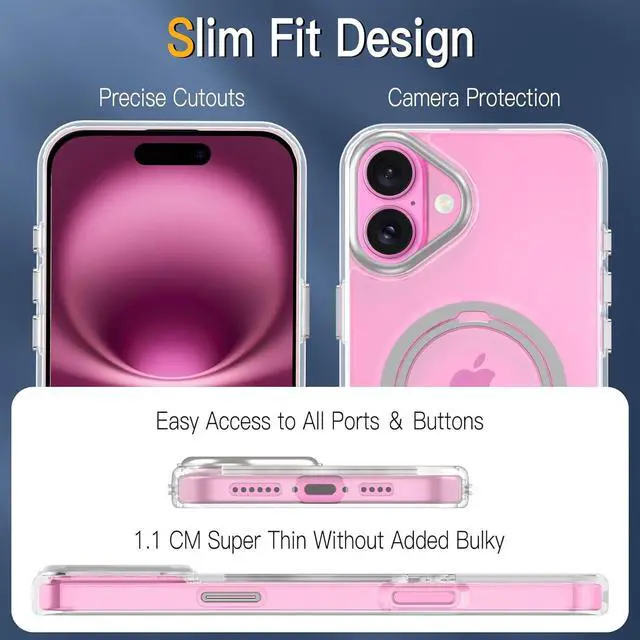 Alt view image 7 of 7 - BONAEVER for iPhone 16 Case, Dual 360° Spin Magnetic Stand& Magnetic Ring, Compatible with Magsafe, Shockproof Translucent Matte Hard Back Cover for iPhone 16 6.1" Clear