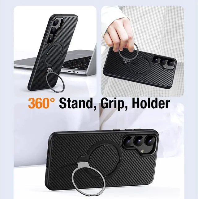 Alt view image 4 of 7 - BONAEVER for Samsung Galaxy S25 Plus Case, Dual 360° Spin Magnetic Stand & Magnetic Ring, Carbon Fiber Made, Compatible with Magsafe, Shockproof Cover for Galaxy S25 Plus 6.7"