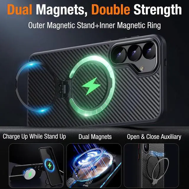 Alt view image 2 of 7 - BONAEVER for Samsung Galaxy S25 Plus Case, Dual 360° Spin Magnetic Stand & Magnetic Ring, Carbon Fiber Made, Compatible with Magsafe, Shockproof Cover for Galaxy S25 Plus 6.7"
