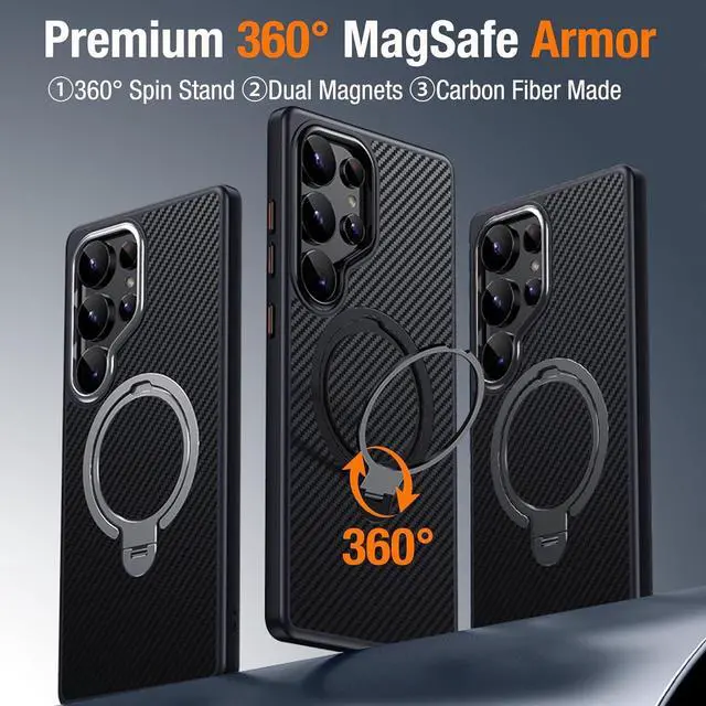 Alt view image 7 of 7 - BONAEVER for Samsung Galaxy S25 Ultra 6.9 inch Case, Dual 360° Spin Magnetic Stand & Magnetic Ring, Carbon Fiber Made, Compatible with Magsafe, Shockproof Cover for Galaxy S25 Ultra 6.9"