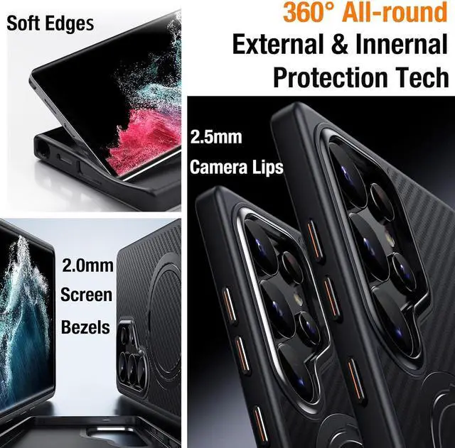 Alt view image 2 of 7 - BONAEVER for Samsung Galaxy S25 Ultra 6.9 inch Case, Dual 360° Spin Magnetic Stand & Magnetic Ring, Carbon Fiber Made, Compatible with Magsafe, Shockproof Cover for Galaxy S25 Ultra 6.9"