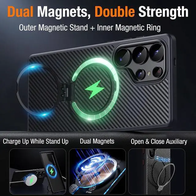 Alt view image 4 of 7 - BONAEVER for Samsung Galaxy S25 Ultra 6.9 inch Case, Dual 360° Spin Magnetic Stand & Magnetic Ring, Carbon Fiber Made, Compatible with Magsafe, Shockproof Cover for Galaxy S25 Ultra 6.9"