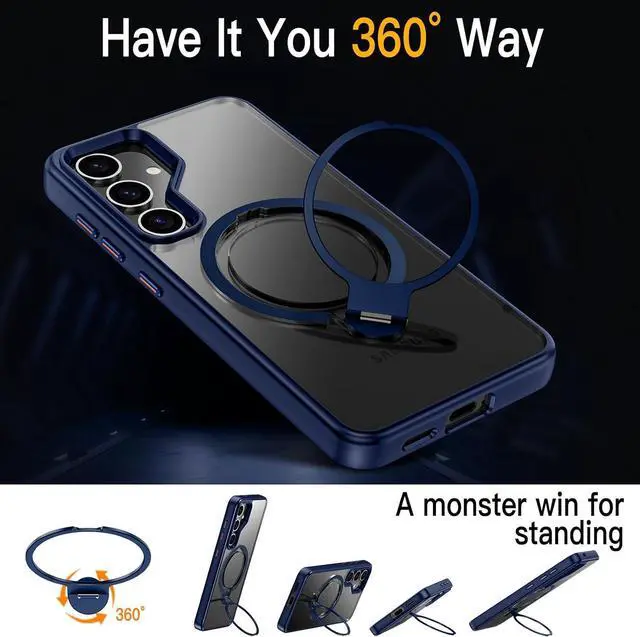Alt view image 6 of 7 - BONAEVER Compatible with Samsung Galaxy S24 Case, 360° Rotatable Ring Holder Kickstand, Compatible with Magsafe, Slim Shockproof Translucent Matte Hard Back Soft Edge Anti-Fingerprint Blue