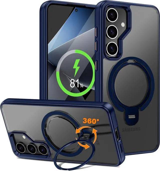 Main image of BONAEVER Compatible with Samsung Galaxy S24 Case, 360° Rotatable Ring Holder Kickstand, Compatible with Magsafe, Slim Shockproof Translucent Matte Hard Back Soft Edge Anti-Fingerprint Blue