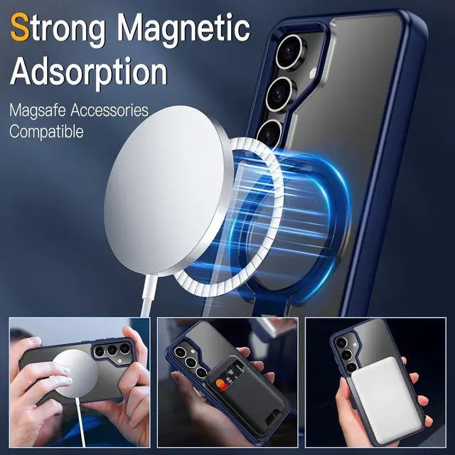 Alt view image 3 of 7 - BONAEVER Compatible with Samsung Galaxy S24 Case, 360° Rotatable Ring Holder Kickstand, Compatible with Magsafe, Slim Shockproof Translucent Matte Hard Back Soft Edge Anti-Fingerprint Blue