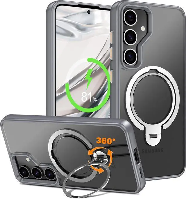 Main image of BONAEVER Compatible with Samsung Galaxy S24 Case, 360° Rotatable Ring Holder Kickstand, Compatible with Magsafe, Slim Shockproof Translucent Matte Hard Back Soft Edge Anti-Fingerprint Gray