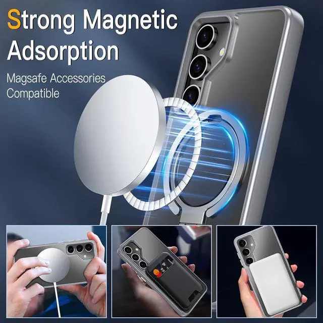 Alt view image 4 of 7 - BONAEVER Compatible with Samsung Galaxy S24 Case, 360° Rotatable Ring Holder Kickstand, Compatible with Magsafe, Slim Shockproof Translucent Matte Hard Back Soft Edge Anti-Fingerprint Gray