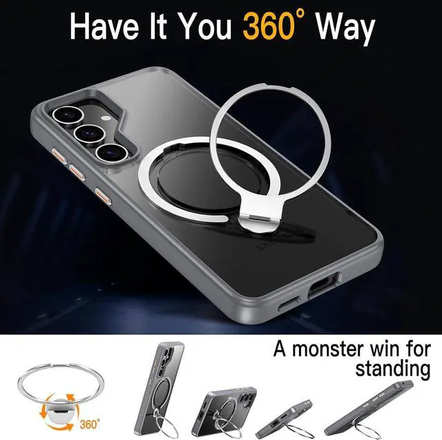 Alt view image 3 of 7 - BONAEVER Compatible with Samsung Galaxy S24 Case, 360° Rotatable Ring Holder Kickstand, Compatible with Magsafe, Slim Shockproof Translucent Matte Hard Back Soft Edge Anti-Fingerprint Gray