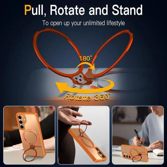 Alt view image 2 of 7 - BONAEVER Compatible with Samsung Galaxy S24 Case, 360° Rotatable Ring Holder Kickstand, Compatible with Magsafe, Slim Shockproof Translucent Matte Hard Back Soft Edge Anti-Fingerprint Orange