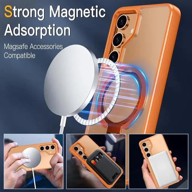 Alt view image 3 of 7 - BONAEVER Compatible with Samsung Galaxy S24 Case, 360° Rotatable Ring Holder Kickstand, Compatible with Magsafe, Slim Shockproof Translucent Matte Hard Back Soft Edge Anti-Fingerprint Orange