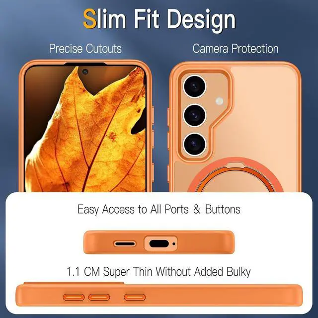 Alt view image 5 of 7 - BONAEVER Compatible with Samsung Galaxy S24 Case, 360° Rotatable Ring Holder Kickstand, Compatible with Magsafe, Slim Shockproof Translucent Matte Hard Back Soft Edge Anti-Fingerprint Orange