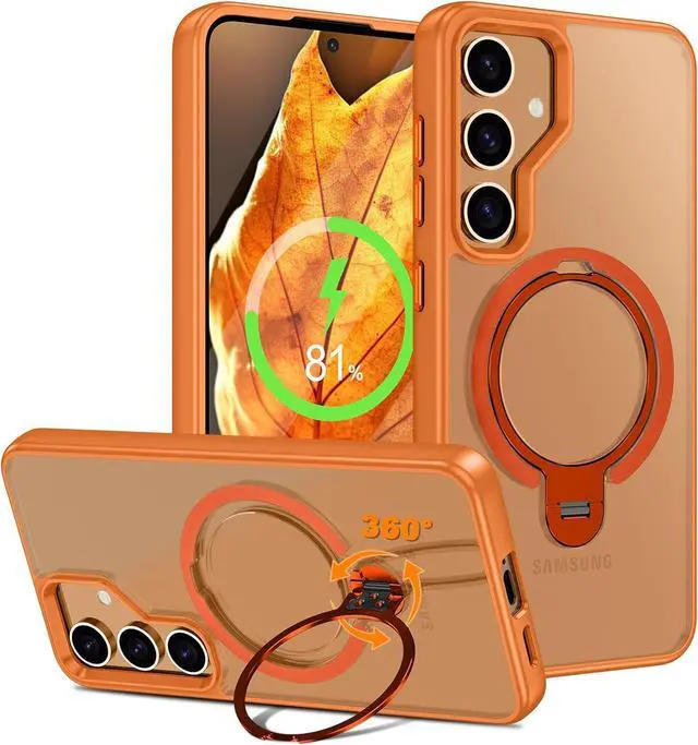 Main image of BONAEVER Compatible with Samsung Galaxy S24 Case, 360° Rotatable Ring Holder Kickstand, Compatible with Magsafe, Slim Shockproof Translucent Matte Hard Back Soft Edge Anti-Fingerprint Orange