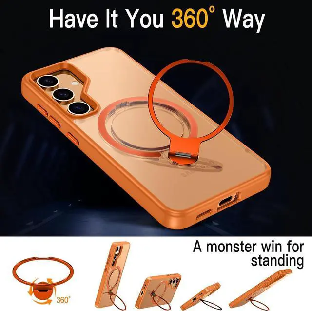 Alt view image 6 of 7 - BONAEVER Compatible with Samsung Galaxy S24 Case, 360° Rotatable Ring Holder Kickstand, Compatible with Magsafe, Slim Shockproof Translucent Matte Hard Back Soft Edge Anti-Fingerprint Orange