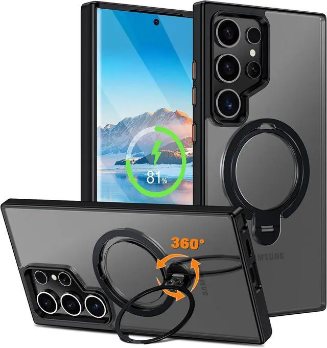 Main image of BONAEEVER Compatible with Samsung Galaxy S24 Ultra Case, 360° Rotatable Ring Holder Kickstand, Compatible with Magsafe, Slim Shockproof Translucent Matte Hard Back Soft Edge Anti-Fingerprint