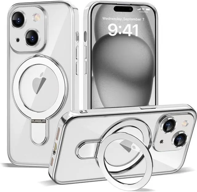 Main image of BONAEVER Compatible with iPhone 15 Plus Case with Invisible Magnetic Ring Stand [Compatible with Mag-Safe] [Full Camera Lens Protector] Plating Clear Phone Case for iPhone 15 Plus 6.7", Black Clear