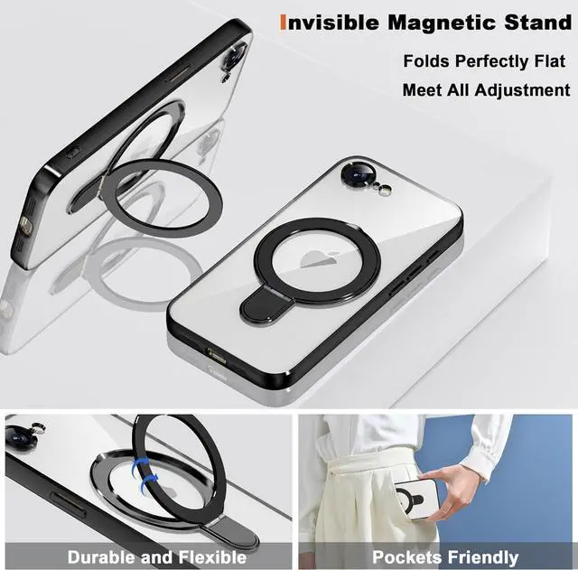 Alt view image 3 of 7 - BONAEVER for iPhone 16E Case with Invisible Magnetic Ring Stand [Compatible with Mag-Safe] [Full Camera Lens Protector] Plating Clear Phone Case for iPhone 16E 6.1"