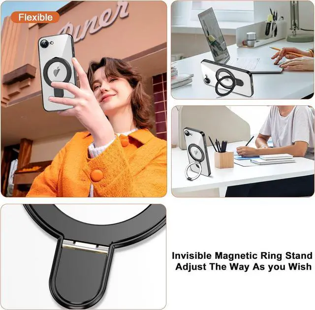 Alt view image 4 of 7 - BONAEVER for iPhone 16E Case with Invisible Magnetic Ring Stand [Compatible with Mag-Safe] [Full Camera Lens Protector] Plating Clear Phone Case for iPhone 16E 6.1"