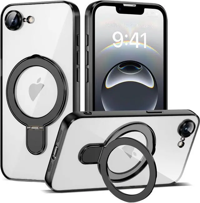 Main image of BONAEVER for iPhone 16E Case with Invisible Magnetic Ring Stand [Compatible with Mag-Safe] [Full Camera Lens Protector] Plating Clear Phone Case for iPhone 16E 6.1"
