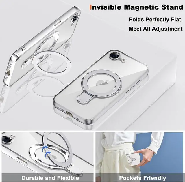 Alt view image 2 of 7 - BONAEVER for iPhone 16E Case with Invisible Magnetic Ring Stand [Compatible with Mag-Safe] [Full Camera Lens Protector] Plating Clear Phone Case for iPhone 16E 6.1" Clear