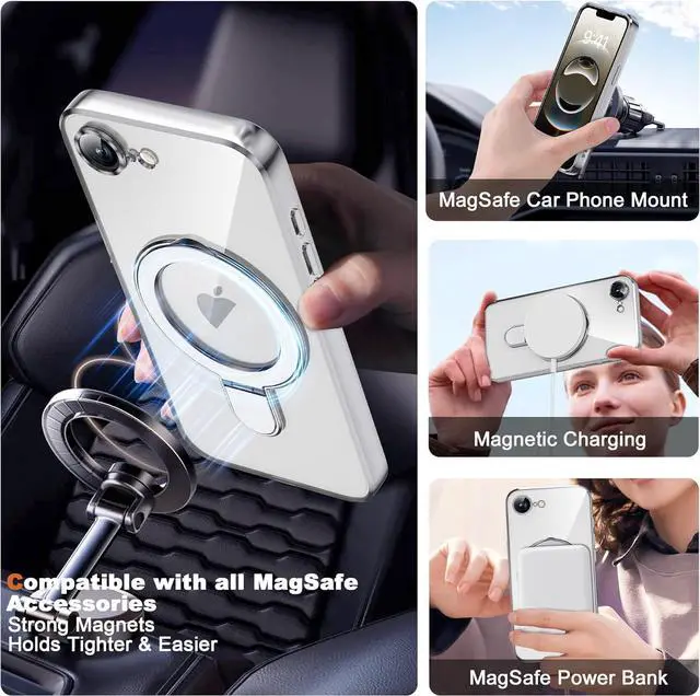 Alt view image 4 of 7 - BONAEVER for iPhone 16E Case with Invisible Magnetic Ring Stand [Compatible with Mag-Safe] [Full Camera Lens Protector] Plating Clear Phone Case for iPhone 16E 6.1" Clear