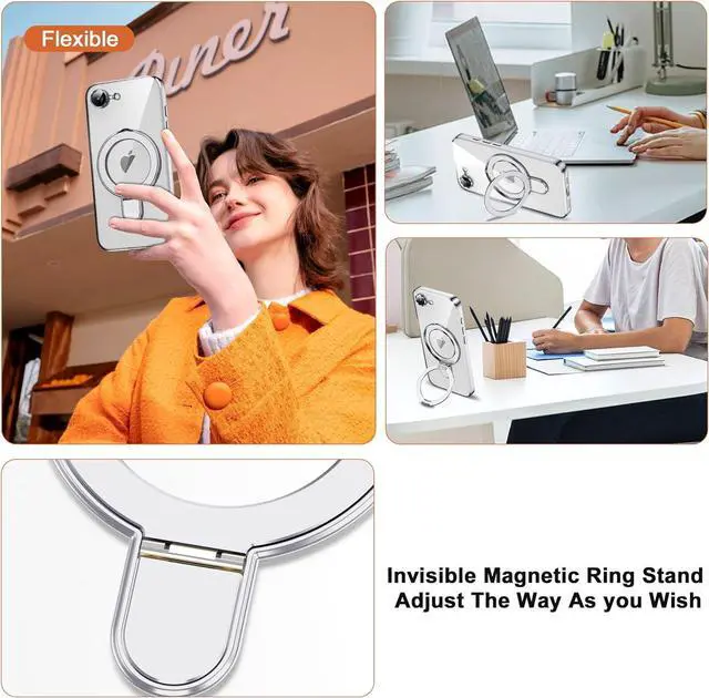 Alt view image 6 of 7 - BONAEVER for iPhone 16E Case with Invisible Magnetic Ring Stand [Compatible with Mag-Safe] [Full Camera Lens Protector] Plating Clear Phone Case for iPhone 16E 6.1" Clear