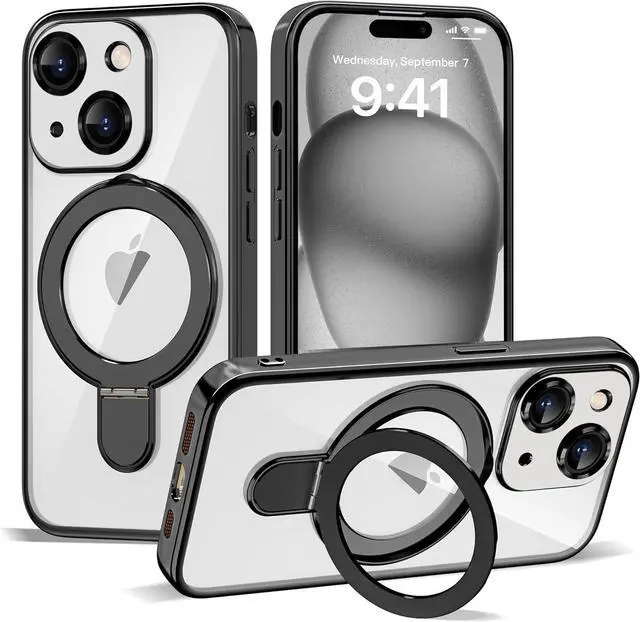 Main image of BONAEVER Compatible with iPhone 15 Case with Invisible Magnetic Ring Stand [Compatible with Mag-Safe] [Full Camera Lens Protector] Plating Clear Phone Case for iPhone 15 6.1"