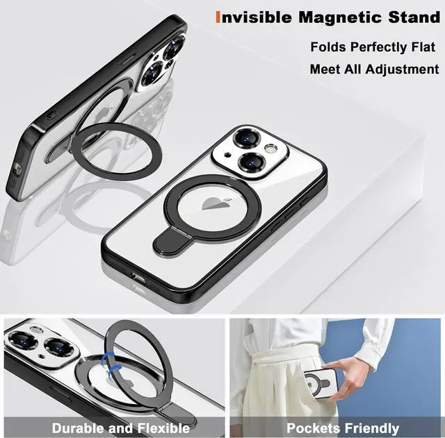 Alt view image 3 of 7 - BONAEVER Compatible with iPhone 15 Case with Invisible Magnetic Ring Stand [Compatible with Mag-Safe] [Full Camera Lens Protector] Plating Clear Phone Case for iPhone 15 6.1"