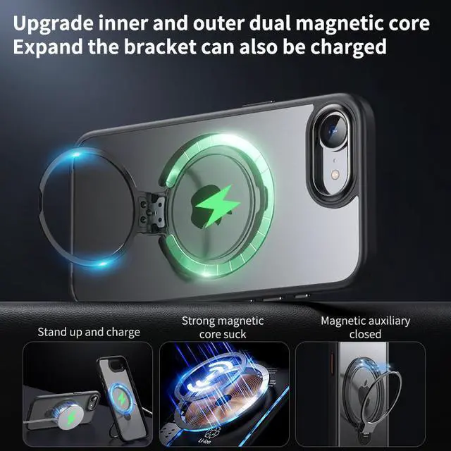 Alt view image 2 of 7 - BONAEVER Strong Magnetic for iPhone 16e Case 2025 with Stand,Fit for MagSafe, 360°Rotatable Ring Designed,Translucent Matte Texture Protective Military Grade Shockproof Cover