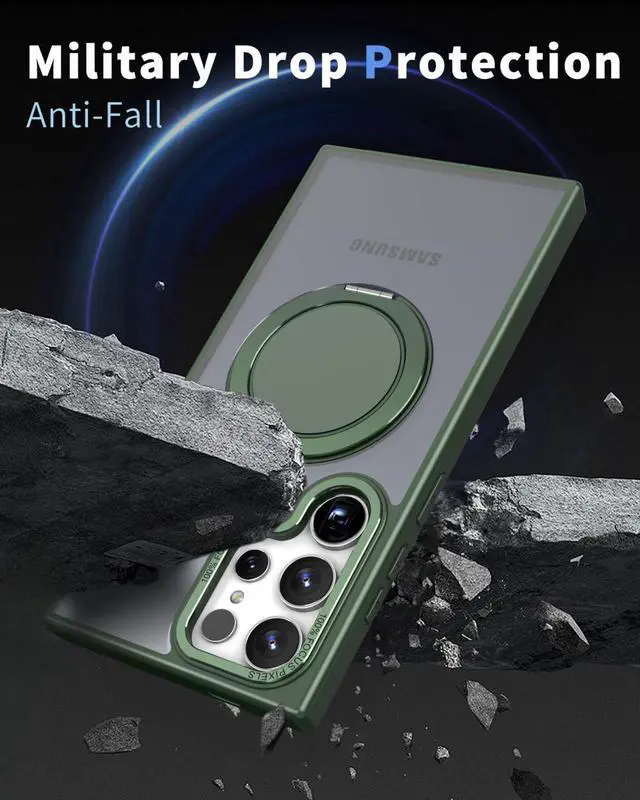 Alt view image 5 of 6 - BONAEVER for Samsung Galaxy S23 Ultra / S22 Ultra 6.8 inch Case with 360° Rotatable Magnetic Ring Kickstand [Compatible with Magsafe] Military Grade Shockproof Translucent Protective Cover Green