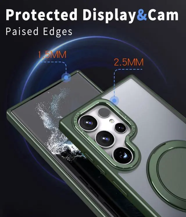 Alt view image 2 of 6 - BONAEVER for Samsung Galaxy S23 Ultra / S22 Ultra 6.8 inch Case with 360° Rotatable Magnetic Ring Kickstand [Compatible with Magsafe] Military Grade Shockproof Translucent Protective Cover Green