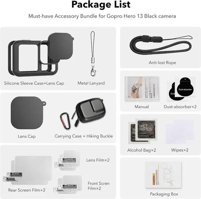 Alt view image 7 of 7 - BONAEVER Accessories for GoPro Hero 13 Black, PU Mini Carrying Case, Silicone Sleeve Rubber Protective Case, Replacement Battery Side Cover, Lens Cap & Screen Protectors for Go Pro 13 Accessories Kit