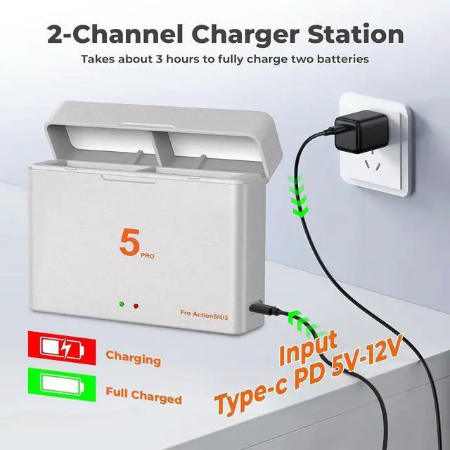 Alt view image 3 of 6 - BONAEVER for DJI OSMO Action 5 Pro Battery Charger Kit - 2 Packs 3.87V 2100mAh Batteries, 5V3A USB-C Fast Charging Dual-Slot Charger Case for OSMO Action 5 Pro, 4, 3 Cameras