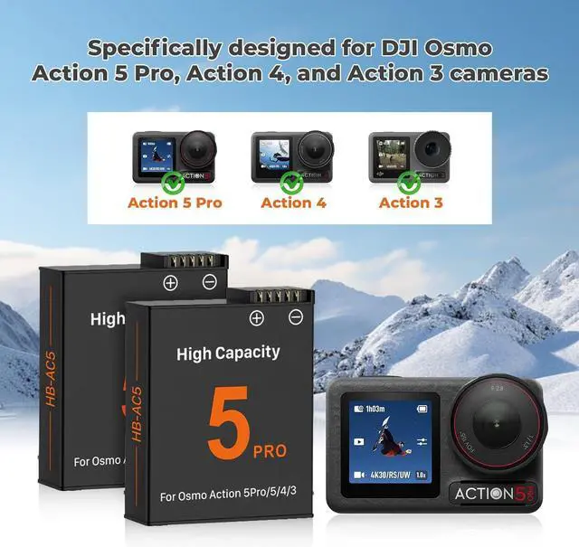Alt view image 2 of 6 - BONAEVER for DJI OSMO Action 5 Pro Battery Charger Kit - 2 Packs 3.87V 2100mAh Batteries, 5V3A USB-C Fast Charging Dual-Slot Charger Case for OSMO Action 5 Pro, 4, 3 Cameras