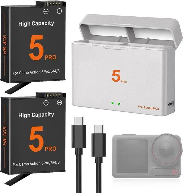 Main image of BONAEVER for DJI OSMO Action 5 Pro Battery Charger Kit - 2 Packs 3.87V 2100mAh Batteries, 5V3A USB-C Fast Charging Dual-Slot Charger Case for OSMO Action 5 Pro, 4, 3 Cameras