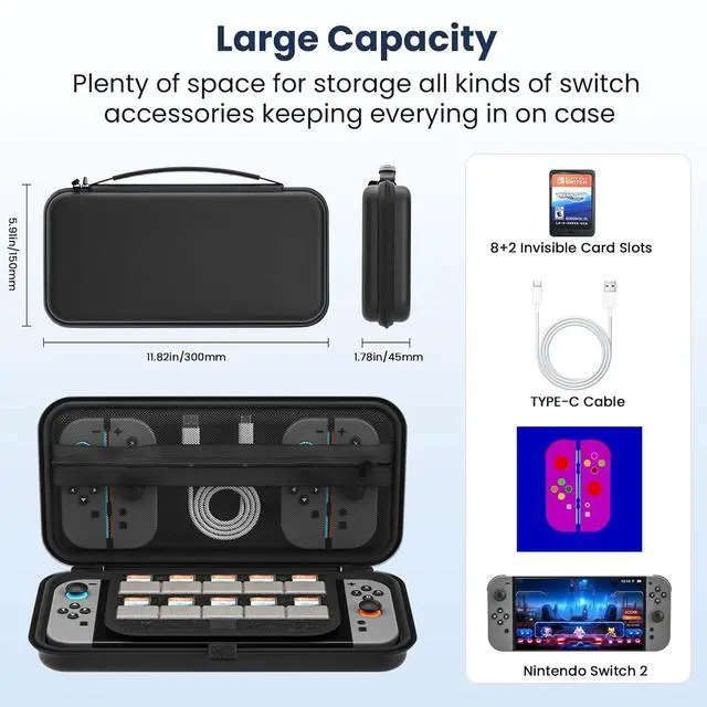 Alt view image 3 of 7 - BONAEVER Switch 2 Carry Case Compatible with Switch 2, Switch 2 Travel Case, Nintendo Switch 2 Carrying Case with 10 Game Cartridges and Pocket for Switch 2 Accessories