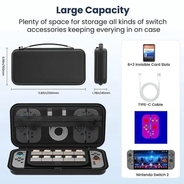 Alt view image 5 of 7 - BONAEVER Travel Carrying Case for Nintendo Switch 2 2025, Nintendo Switch 2 Carrying Case with 2 Packs Screen Protector 10 Game Cartridges and Pocket for Switch 2 Accessories