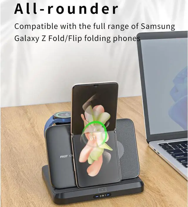 Alt view image 7 of 7 - BONAEVER for Samsung Z Fold 6 Wireless Charger Station, 3 in 1 Foldable Fast Charging Stand for Galaxy Z Fold 6/5/4/3, Z Flip 6/5/4/3, S24 Ultra/S23, Travel Galaxy Watch Charger for Ultra 7 6 5 Pro