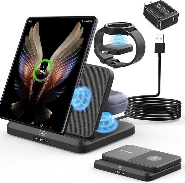 Main image of BONAEVER for Samsung Z Fold 6 Wireless Charger Station, 3 in 1 Foldable Fast Charging Stand for Galaxy Z Fold 6/5/4/3, Z Flip 6/5/4/3, S24 Ultra/S23, Travel Galaxy Watch Charger for Ultra 7 6 5 Pro