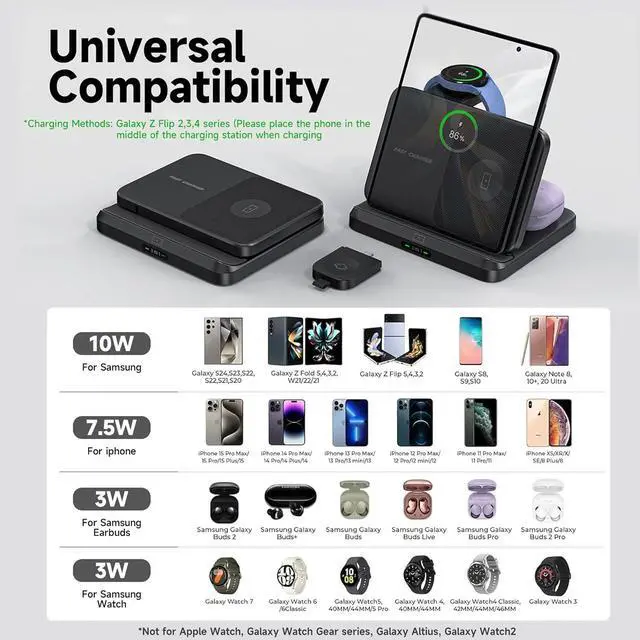 Alt view image 2 of 7 - BONAEVER for Samsung Z Fold 6 Wireless Charger Station, 3 in 1 Foldable Fast Charging Stand for Galaxy Z Fold 6/5/4/3, Z Flip 6/5/4/3, S24 Ultra/S23, Travel Galaxy Watch Charger for Ultra 7 6 5 Pro