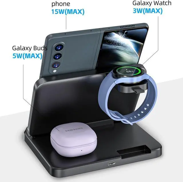 Alt view image 3 of 7 - BONAEVER for Samsung Z Fold 6 Wireless Charger Station, 3 in 1 Foldable Fast Charging Stand for Galaxy Z Fold 6/5/4/3, Z Flip 6/5/4/3, S24 Ultra/S23, Travel Galaxy Watch Charger for Ultra 7 6 5 Pro