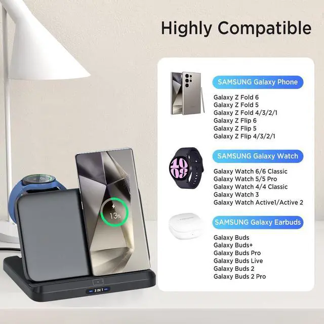 Alt view image 4 of 7 - BONAEVER Wireless Charging Station for Samsung Galaxy z Fold 6/5/4/3/2, Foldable 3 in 1 Samsung Wireless Charger for Galaxy Z Fold/Galaxy Z Flip/Galaxy Watch/Galaxy Buds/Samsung Phone Fast Charging