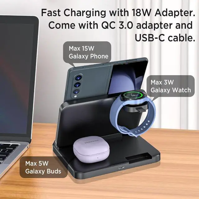 Alt view image 2 of 7 - BONAEVER Wireless Charging Station for Samsung Galaxy z Fold 6/5/4/3/2, Foldable 3 in 1 Samsung Wireless Charger for Galaxy Z Fold/Galaxy Z Flip/Galaxy Watch/Galaxy Buds/Samsung Phone Fast Charging