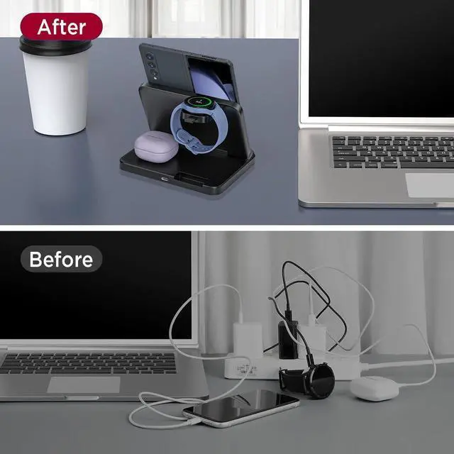 Alt view image 6 of 7 - BONAEVER Wireless Charging Station for Samsung Galaxy z Fold 6/5/4/3/2, Foldable 3 in 1 Samsung Wireless Charger for Galaxy Z Fold/Galaxy Z Flip/Galaxy Watch/Galaxy Buds/Samsung Phone Fast Charging